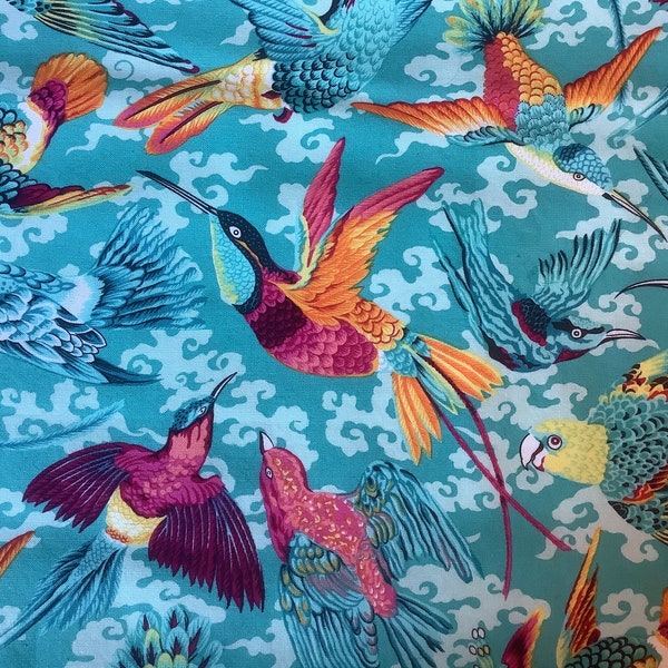 Retired TROPICAL BIRDS Philip Jacobs Snow Leopard Natural World Free Spirit Cotton Fabric Blue Orange Pink Out of Print  1/2 Yard