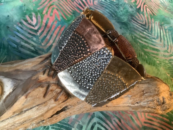 Hammered Brass & Copper Large Cuff Stretch Bracel… - image 3