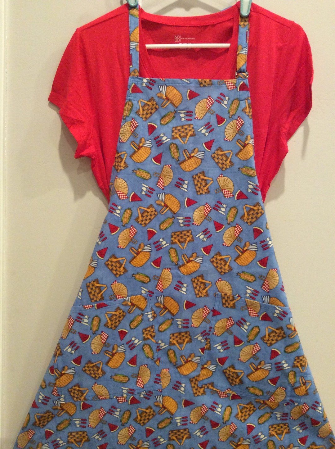 Apron PICNIC BASKETS Handmade in USA blue, Red, Yellow Get Your Corn