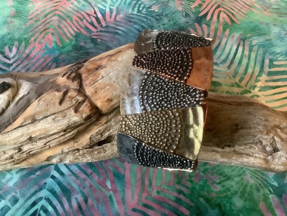 Hammered Brass & Copper Large Cuff Stretch Bracel… - image 5