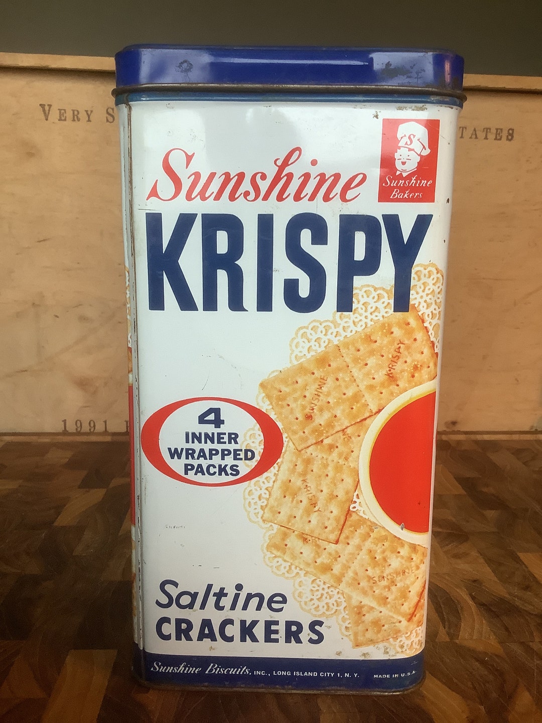 Sunshine Krispy Crackers Tin Collectible Farmhouse Tin Excellent