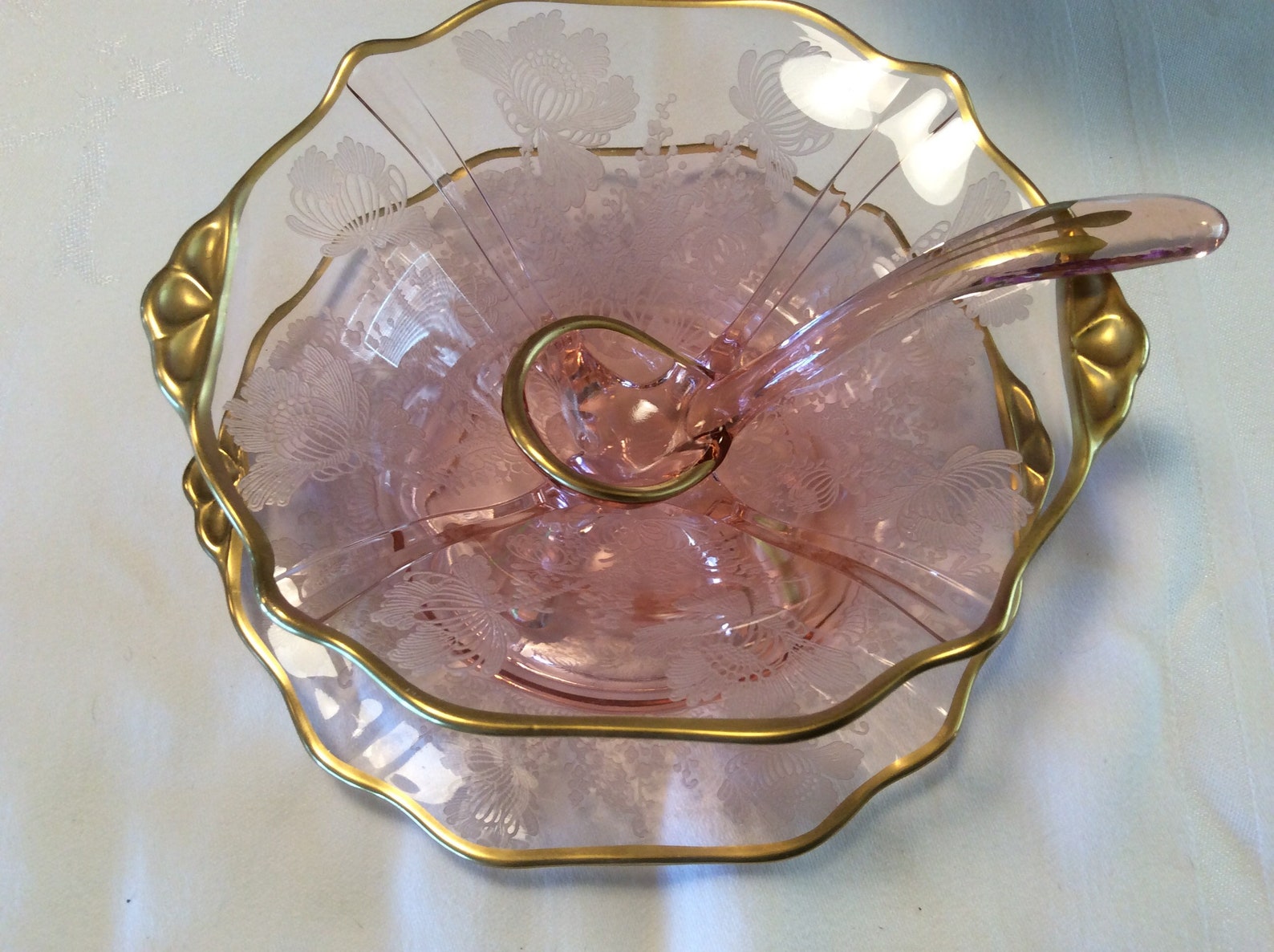 CRYSTAL ETCHED Footed Compote Bowl Saucer and Spoon Trimmed Etsy