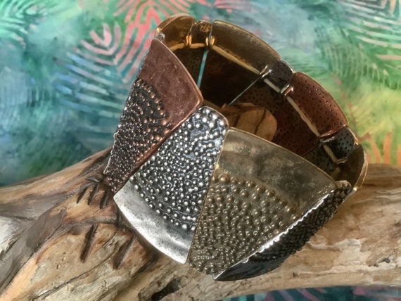 Hammered Brass & Copper Large Cuff Stretch Bracel… - image 4