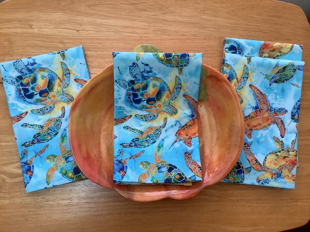 FOUR Cloth TURTLES Napkins Under the Sea Turtles Cotton Cloth Napkins