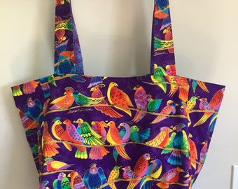 TOTE BAG Laurel Burch Fabric Parrots in the Jungle Extra Large Market Bag   Travel Bag   Shoulder Bag  Teacher Bag  Hostess