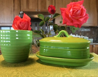 Metlox Pottery Fern Green Butterdish with Lid  with Honey Pot    Excellent Condition