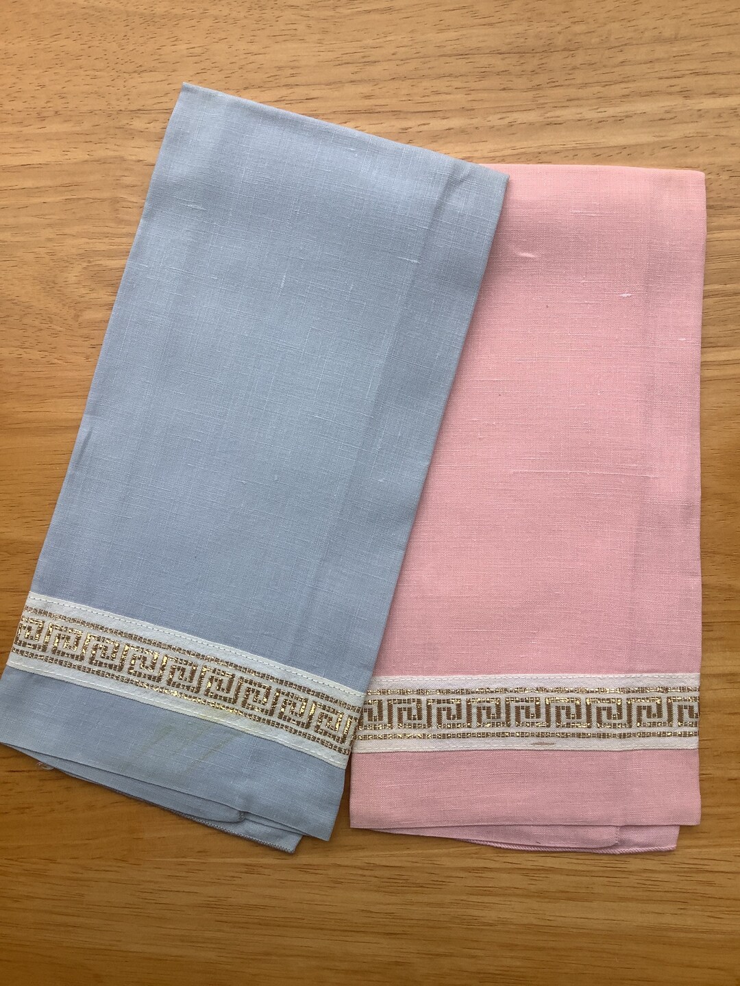 Vintage Linen Fingertip Towels With Gold Aztec Border Trim Set of 2
