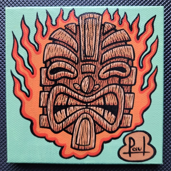 Tiki #2 hand painted original art on magnetic canvas 10x10cm