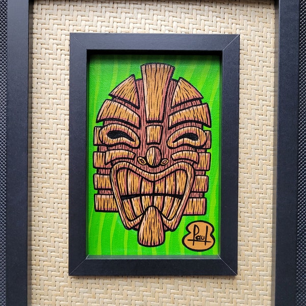 Original Tiki painting with green background 20x25cm