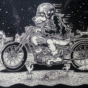 May include: Black and white illustration of a biker riding a motorcycle through a field of zombies. The biker is wearing a helmet and a leather jacket. The motorcycle has flames painted on the side. The zombies are reaching out with their hands.