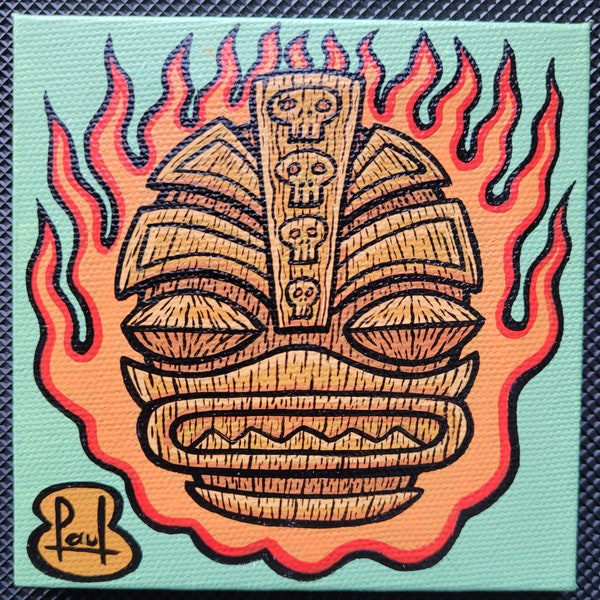 Tiki #3 hand painted original art on magnetic canvas 10x10cm