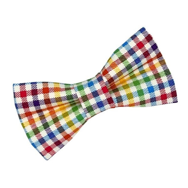 Rainbow Gingham, Colorful Dog Bowtie For Dog Collar, Dog Bows for Dog Collar, Rainbow Slip On Dog Bow Tie, Bow Tie For Dog, Puppy Bow Tie