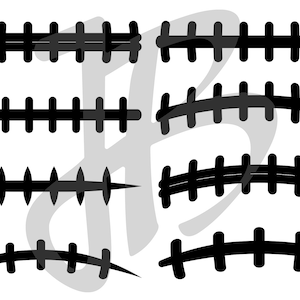May include: A set of six black and white football stitch designs. The stitches are in different shapes and sizes, including straight lines, curves, and zigzags.
