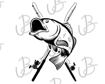 Bass Fish With Crossed Fishing Poles Digital Design SVG PNG 