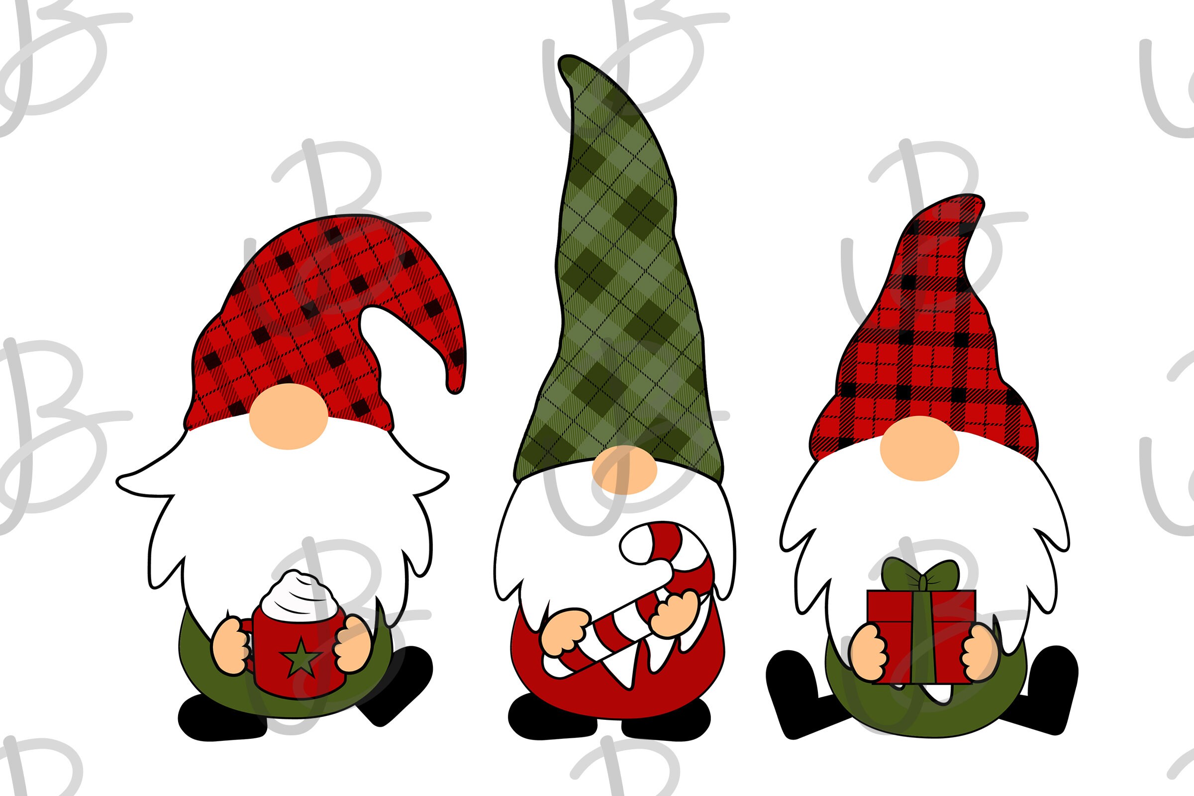 Christmas Gnomes Present Candy Cane Hot Chocolate Green Red Digital Design