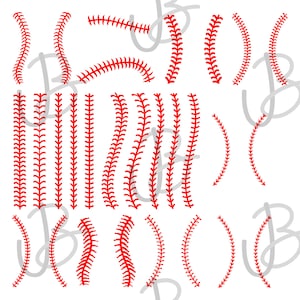 May include: A set of red baseball stitch designs, including straight lines, curves, and arcs. These designs can be used for crafting, scrapbooking, or other creative projects.