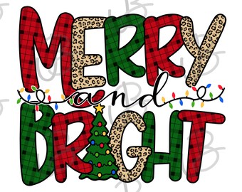 Op de afbeelding: Rood, groen en zwart geruit en luipaardprint grafisch met de tekst "Merry and Bright" en een kleine kerstboom.