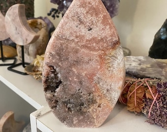 Polished Pink Amethyst Flame: Heart Healing Crystal Carving