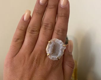 Druzy Agate Ring: Adjustable Gold Plated Boho Statement Ring