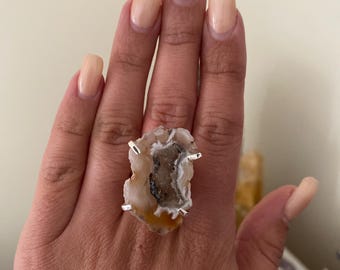 Adjustable Druzy Agate Ring: Silver Plated Boho Statement Jewelry