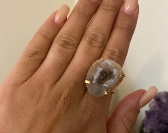 Adjustable Gold Plated Druzy Agate Ring: Boho Statement Jewelry