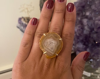 Adjustable Gold Plated Agate Ring: Boho Gemstone Jewelry