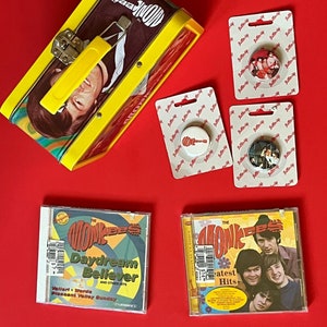 Vintage collectible memorabilia Monkees 1997 lunch box, 3 pins and 2 sealed music Greatest Hits cds for music fan gift, retro decor, party