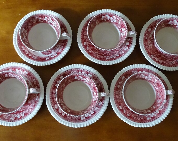 Copeland Spode Tower Vintage Pink/red China Tea Cups W/saucers for Art