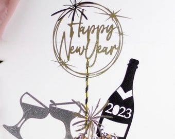 New Years Eve Decorations, Centerpiece, 2023, Happy New Year, Cheers, Glitter Confetti, Bubbly Bar, Party Decorations, Set of 4 pieces HNY