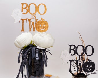 Halloween 2nd Birthday Centerpiece, Our little Boo Is Turning Two Cake Topper, 2nd Birthday Centerpiece, Little Boo, Set of 4