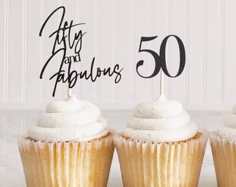 50th Birthday, Fifty And Fabulous, Cupcake Toppers, Cupcake Pick, Birthday Party Decorations, Birthday Decorations for Women, Set of 10