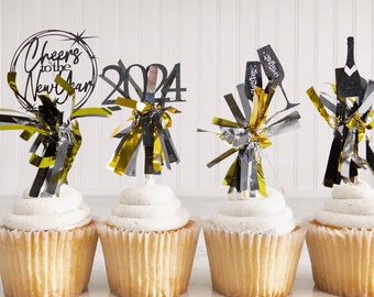 Cupcake Toppers,  New Years Eve, Cupcake Picks, Happy New Year, Drink Stirrers, NYE Decorations, Cheers, Bubbly Bar