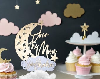 Chá de Bebê "Nas Nuvens", Decoração Personalizada para Chá de Bebê, Centros de Mesa para Chá de Bebê, Chá de Bebê com Tema de Lua, Centro de Mesa Personalizado para Chá de Bebê
