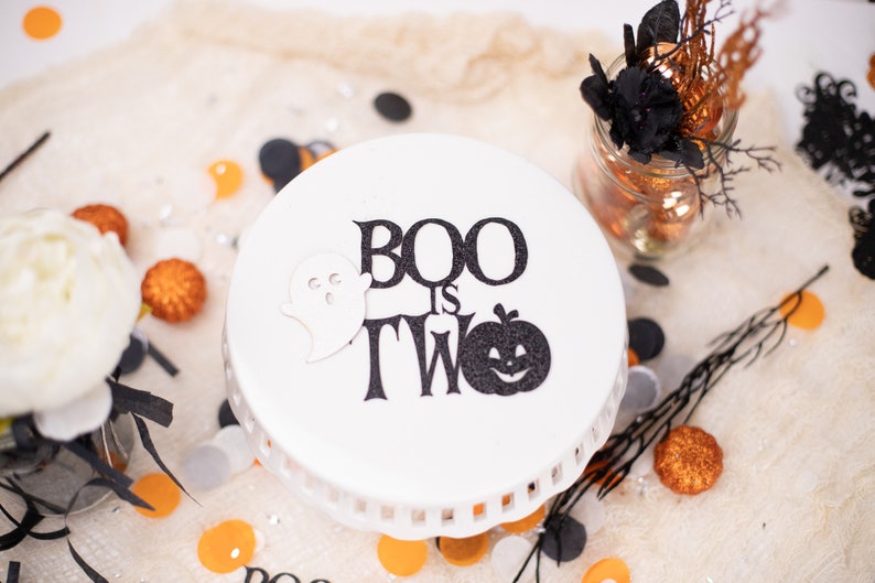 Halloween 2nd Birthday Centerpiece, Our little Boo Is Turning Two, Mason Jar Tags, 2nd Birthday Centerpiece, Little Boo, Set of 6 Black Glitter