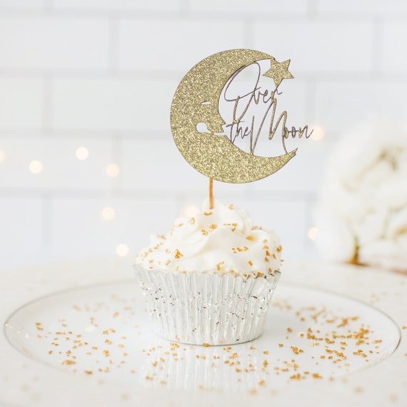 Over The Moon Baby Shower Decorations, Moon and Stars Baby Shower, Lunar Moon Baby Shower, Moon Cupcake Toppers Set of 10 Il_570xn