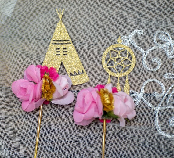 Cupcake Toppers, Cupcake Picks, Boho Baby Shower, Boho Party Decorations, Boho Chic Theme Party,Tribal Party Decor, Dream catcher Set 6 Il_570xn