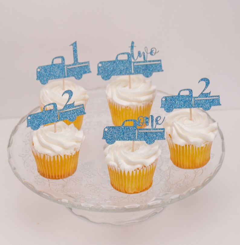 Cupcake Toppers, Custom Cupcake Toppers, Cupcake Toppers Personalized, Winter Onederland Decorations Boy, 2nd Birthday, Little Blue Truck image 3