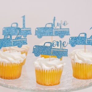 Cupcake Toppers, Custom Cupcake Toppers, Cupcake Toppers Personalized, Winter Onederland Decorations Boy, 2nd Birthday, Little Blue Truck image 1