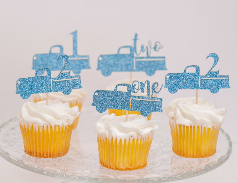 Cupcake Toppers, Custom Cupcake Toppers, Cupcake Toppers Personalized, Winter Onederland Decorations Boy, 2nd Birthday, Little Blue Truck image 1