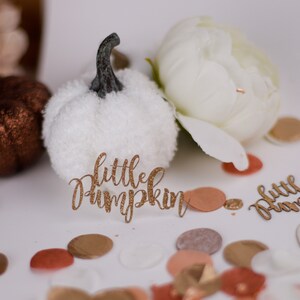 May include: A white faux fur pumpkin with a brown stem sits on a white surface with gold glitter confetti and a gold glitter sign that says "little pumpkin".