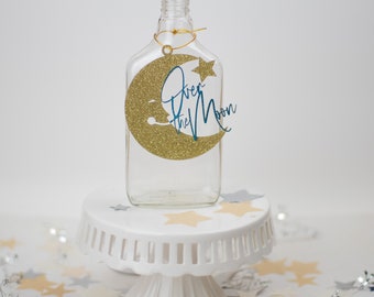 Decorações de chá de bebê Over The Moon, chá de bebê Lua e estrelas, peça central, etiquetas de frasco de vidro, chá de bebê Lua Lunar, conjunto de 6