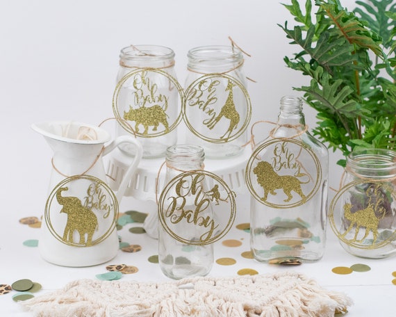 Safari Baby Shower, Mason Jar Tags, Oh Baby, Centerpiece, Jungle Animal Centerpiece, Jungle Baby Shower, Pink Safari Il_570xn