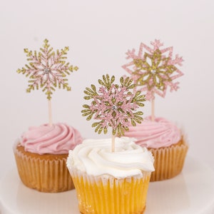 Cupcake Toppers, Snowflake Decorations, Winter Wonderland, Winter Baby Shower, Pink Snowflake Cupcake Toppers, Set of 6