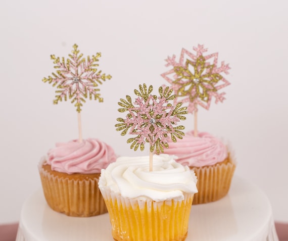 Cupcake Toppers, Snowflake Decorations, Winter Wonderland, Winter Baby Shower, Pink Snowflake Cupcake Toppers, Set of 6 Il_570xn