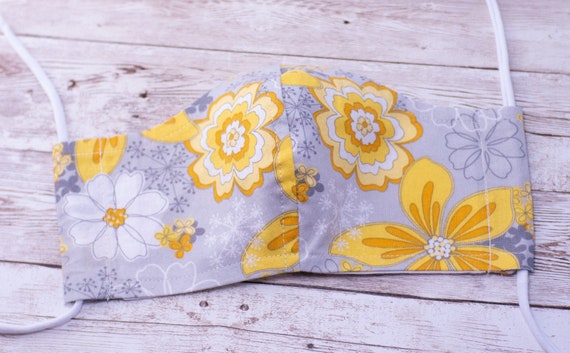 Yellow Face Mask, Floral Face Mask, Reusable Mask, Handmade Face Mask With Nose Wire and Pocket, Cotton Mask, Adult Face Mask Washable Il_570xn