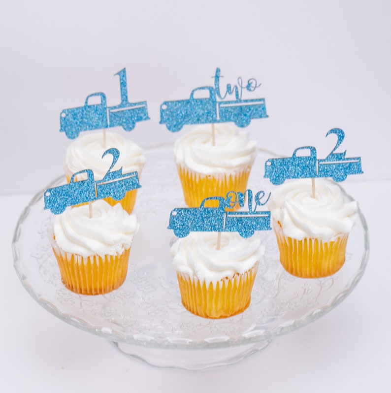 Cupcake Toppers, Custom Cupcake Toppers, Cupcake Toppers Personalized, Winter Onederland Decorations Boy, 2nd Birthday, Little Blue Truck image 2