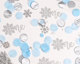 Vinter Onederland-dekorationer Pojke, 1-årspojke, Snöflingekonfetti, Snöflingedekoration, Blå och silver snöflinga 1-årsdag