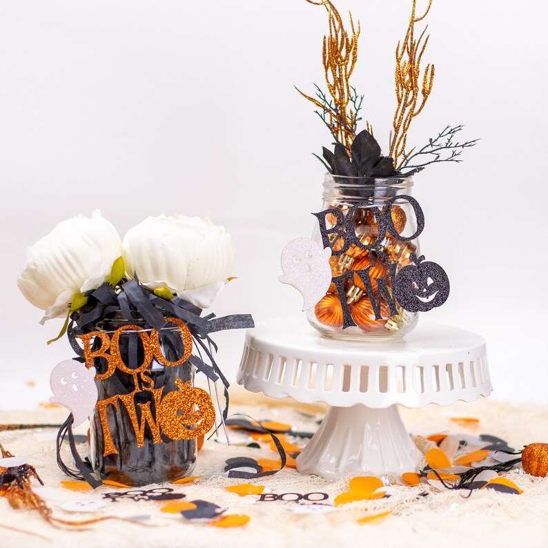 Halloween 2nd Birthday Centerpiece, Our little Boo Is Turning Two, Mason Jar Tags, 2nd Birthday Centerpiece, Little Boo, Set of 6 image 1