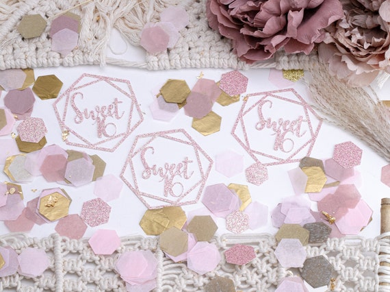 Sweet 16, Sweet Sixteen, 16th Birthday, Rose Gold Decorations, Hexagon, Birthday Confetti, Birthday Girl Il_570xn