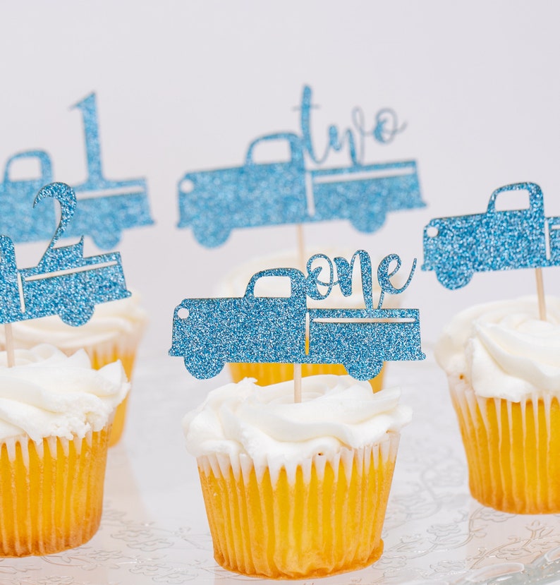 Cupcake Toppers, Custom Cupcake Toppers, Cupcake Toppers Personalized, Winter Onederland Decorations Boy, 2nd Birthday, Little Blue Truck image 6